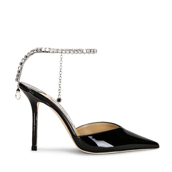 Jimmy Choo Saeda 85 Pumps Black Patent Leather Crystal Strap Pointed Toe - Picture 2 of 10
